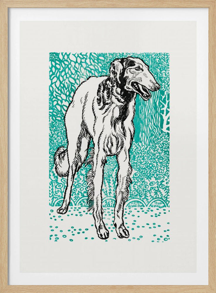 A framed graphic art print featuring a black and white illustration of a slender Borzoi dog. The dog stands facing right against a vibrant teal background with a dense, leafy pattern. The style resembles a linocut or woodblock print. Wall Art