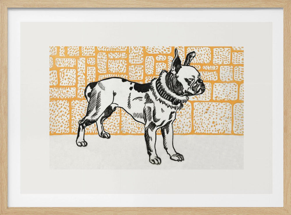 A vintage-style block print illustration of a black and white French Bulldog standing in profile. The dog has large ears and a thick collar, and it is set against a yellow-orange background with a textured brick pattern. The artwork is matted in white and displayed in a silver frame. Wall Art