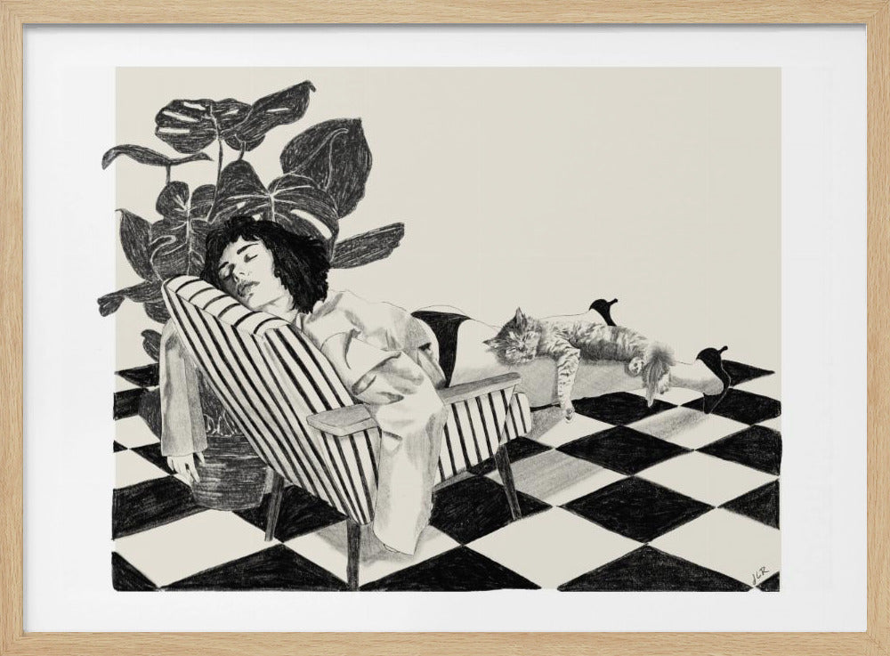 A black and white sketch of a woman with short dark hair sleeping in a striped armchair. A large potted plant is behind her, and a cat is sleeping stretched out across her legs. The floor has a black and white checkerboard pattern. Decor
