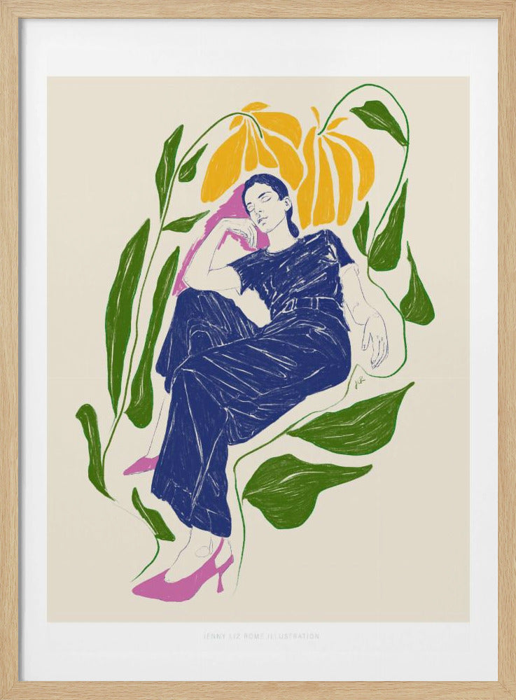 A stylized illustration of a woman in a dark blue outfit and pink heels, resting peacefully with her eyes closed amidst large green leaves and yellow flowers against a cream background. Decor