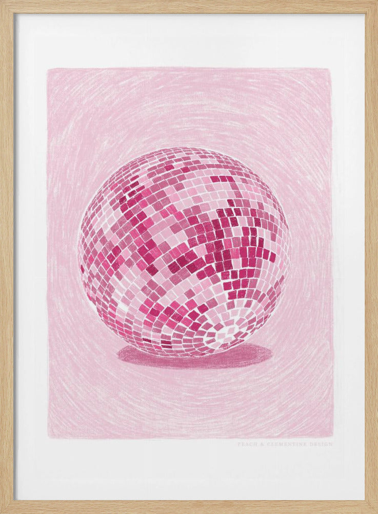 A monochromatic illustration of a disco ball rendered in various shades of pink. The disco ball is centered against a light pink background with a textured, sketchy quality, and it casts a darker pink shadow beneath it. The artwork is shown within a black frame with a white mat. Poster