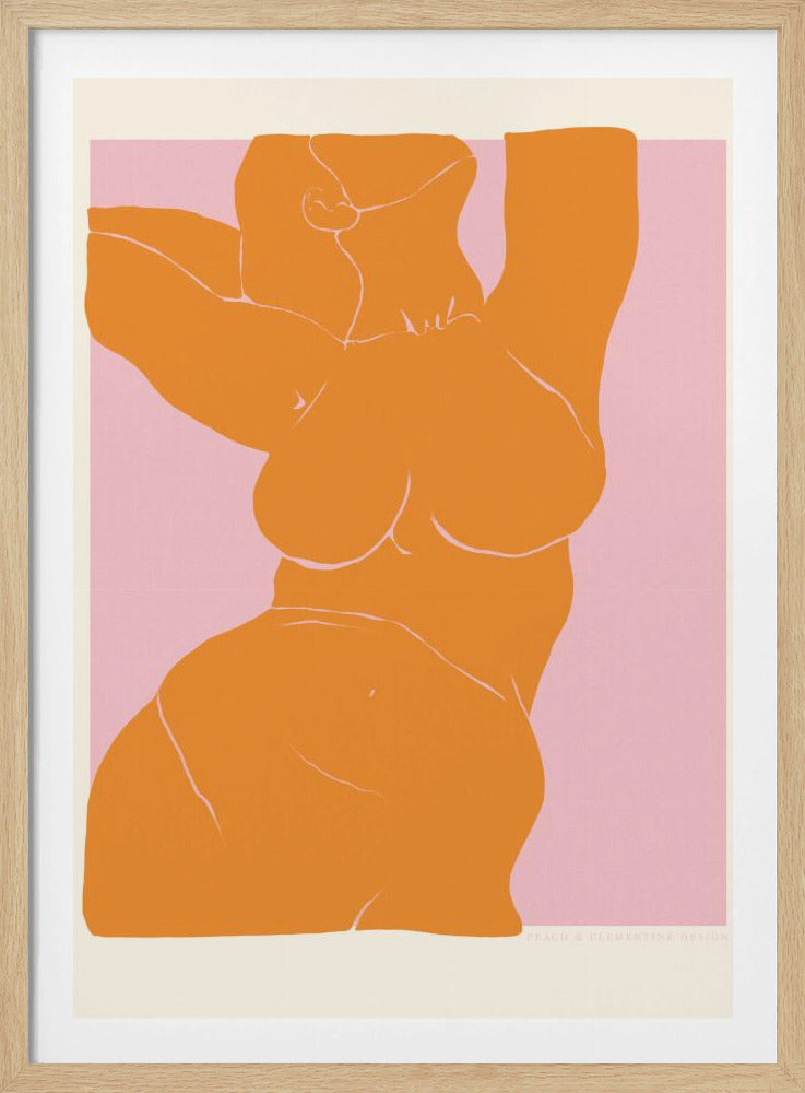 A framed art print with a minimalist illustration of a curvy female torso. The figure is a solid block of orange with delicate white line details, stretching upwards against a soft pink background. Print