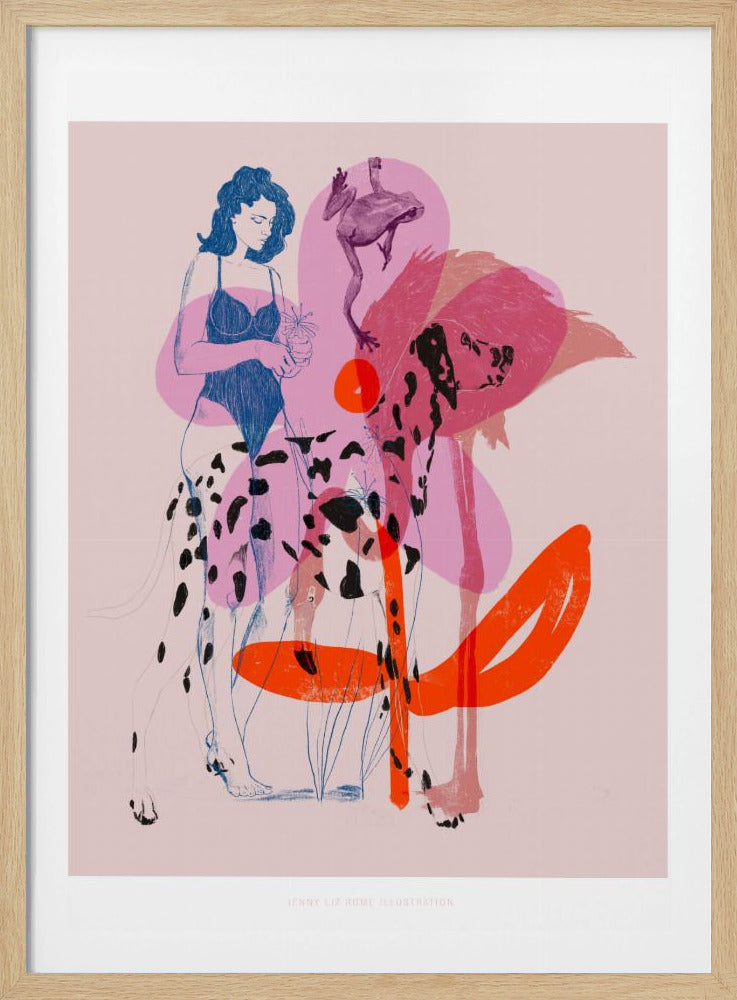 A modern, stylized illustration on a light pink background featuring a woman in a blue swimsuit holding a small potted plant. The scene includes several overlapping, semi-transparent animals: a dalmatian, a large pink flamingo, and a leaping frog. Bold orange and pink abstract shapes add to the layered composition. Poster