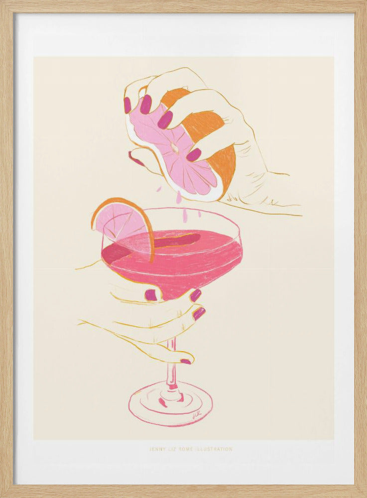 A stylized illustration of two hands with pink nail polish, one squeezing a grapefruit over a coupe glass, and the other holding the glass filled with a pink cocktail. The artwork has a vintage feel with a cream background and a limited color palette of pink, orange, and yellow. Artwork