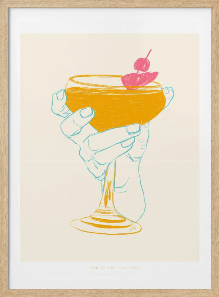 A stylized illustration of a hand holding a coupe glass with a golden-yellow cocktail, garnished with a bright pink cherry. The hand is outlined in light blue against a cream background, creating a minimalist, pop-art feel. Print