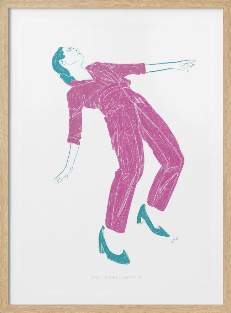 A stylized, two-color illustration of a person dancing, captured in a black frame. The figure, rendered in textured fuchsia, wears a jumpsuit and leans back dramatically. Their hair, shoes, and arm outlines are highlighted in a contrasting teal against a stark white background. Print