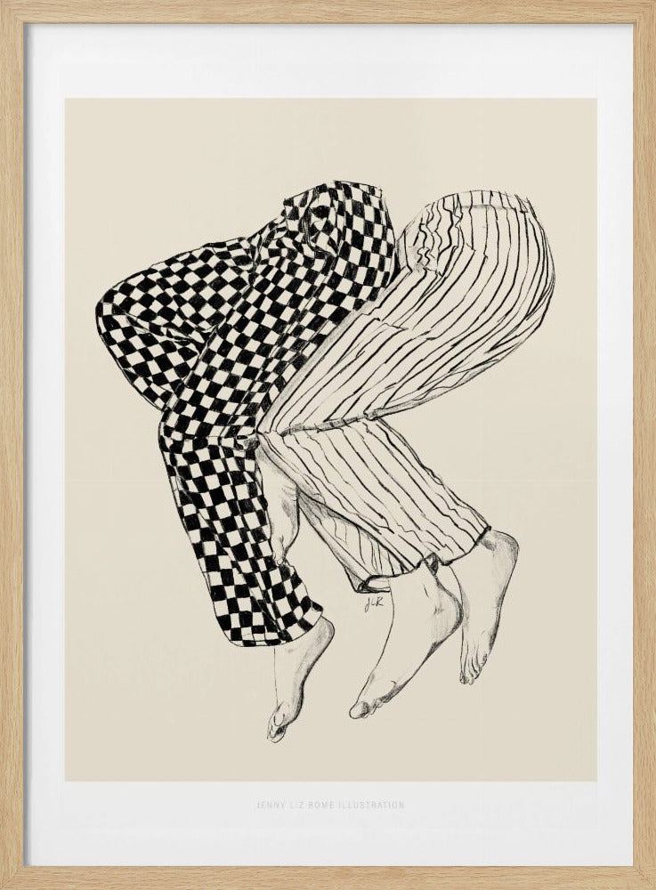 A black and white line drawing of the lower bodies of two people embracing. One figure wears checkered pajamas and the other wears striped pajamas. Their barefoot legs are intertwined and lifted, floating against a solid cream-colored background. Artwork
