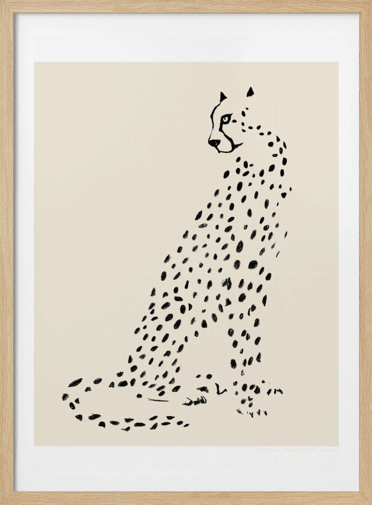A minimalist black ink illustration of a cheetah sitting upright, its body and tail defined by a pattern of black spots against a solid cream background. The cheetah's head is turned, looking back over its shoulder. The artwork is presented in a simple black frame. Poster
