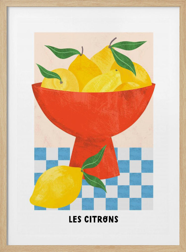 A vintage-style art print of a large red bowl filled with yellow lemons. The bowl sits on a blue and white checkered surface, with one lemon in the foreground. The words 'LES CITRONS' are written below. Poster
