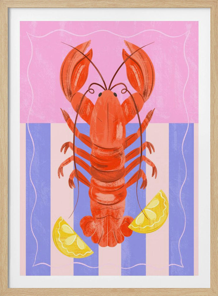 A stylized illustration of a bright red lobster centered on a background with a pink top and blue and white vertical stripes on the bottom. Two yellow lemon wedges flank the lobster's tail at the bottom. The entire piece has a thin, wavy white border and a textured, painterly look. Wall Art