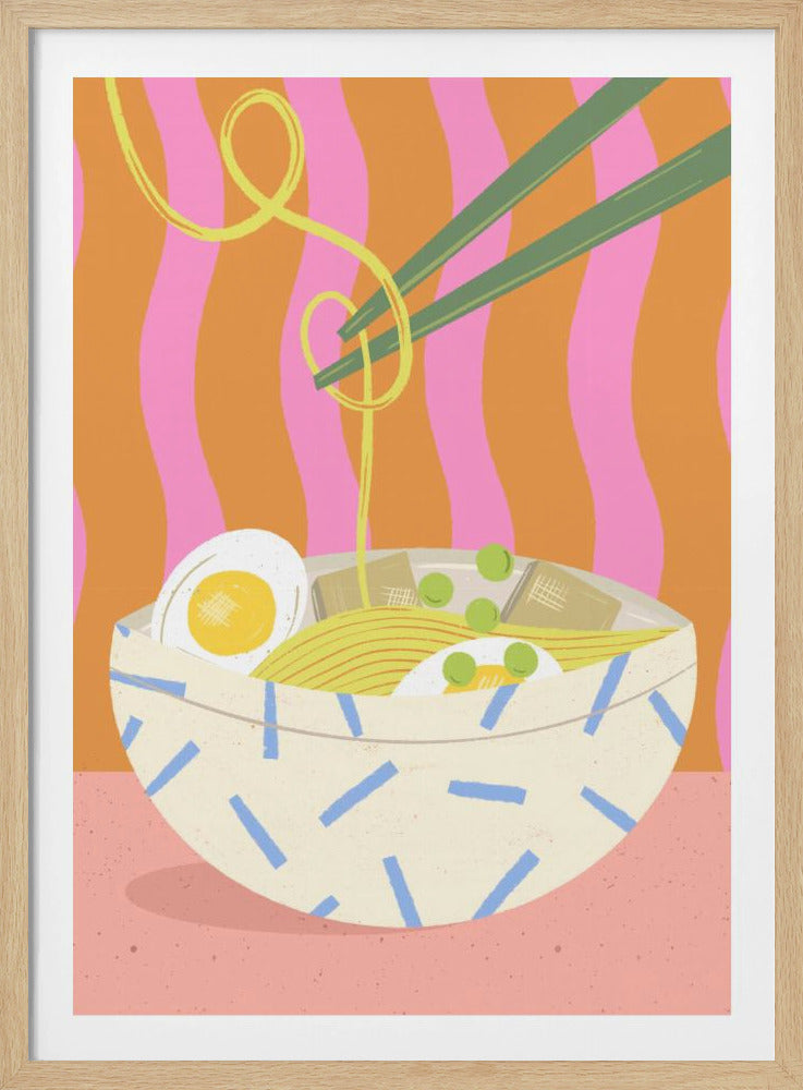 A colorful, graphic illustration of a bowl of ramen noodles against a wavy pink and orange background. Green chopsticks lift yellow noodles from an off-white bowl decorated with blue dashes, which also contains a hard-boiled egg, tofu, and green peas. Wall Art