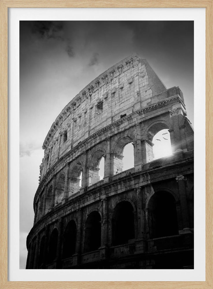 A dramatic, low-angle black and white photograph of the ancient Roman Colosseum. The sun shines brightly through one of the upper archways, creating a lens flare and silhouetting a few birds in flight against the cloudy sky. Poster