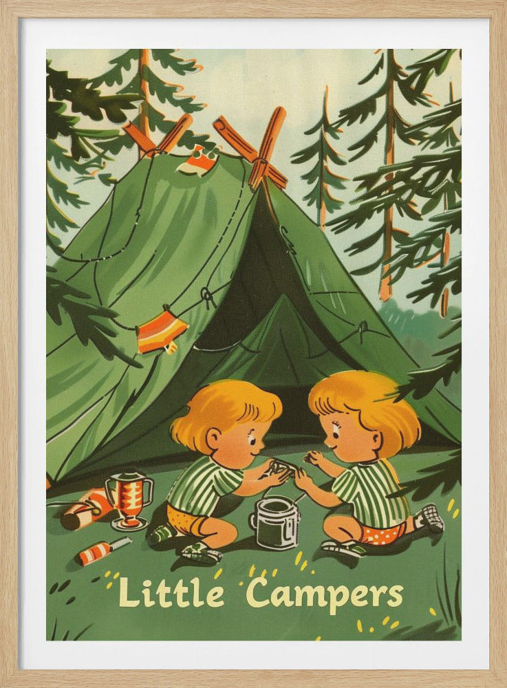 A vintage-style illustration titled 'Little Campers' featuring two young, blonde children in green and white striped shirts playing in front of a green tent. They are in a forest surrounded by pine trees, with camping gear like a lantern and flashlight on the ground. Poster