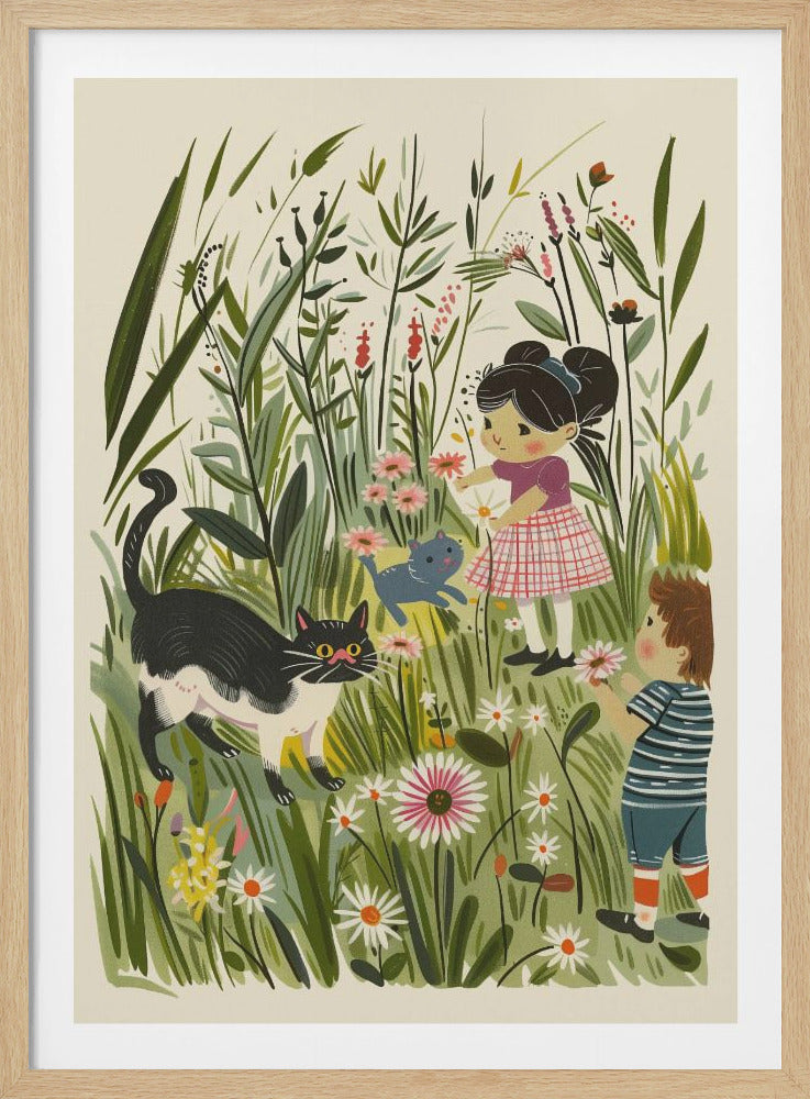 A whimsical illustration of two children and two cats in a field of tall grass and wildflowers. A girl in a pink dress picks a flower, a boy in a striped shirt holds another, while a black and white cat and a small blue kitten explore the colorful meadow. Print