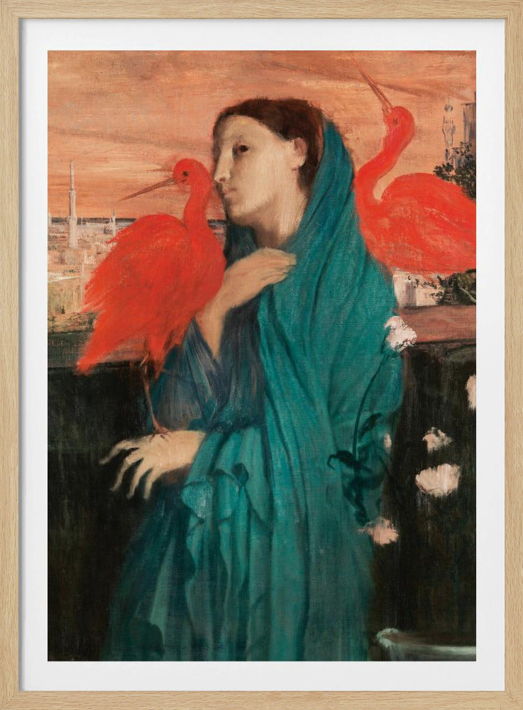 A vintage painting of a pensive woman draped in a teal robe, standing on a balcony with two vibrant scarlet ibis birds. In the background, a cityscape with minarets is visible under an orange sunset sky. Wall Art
