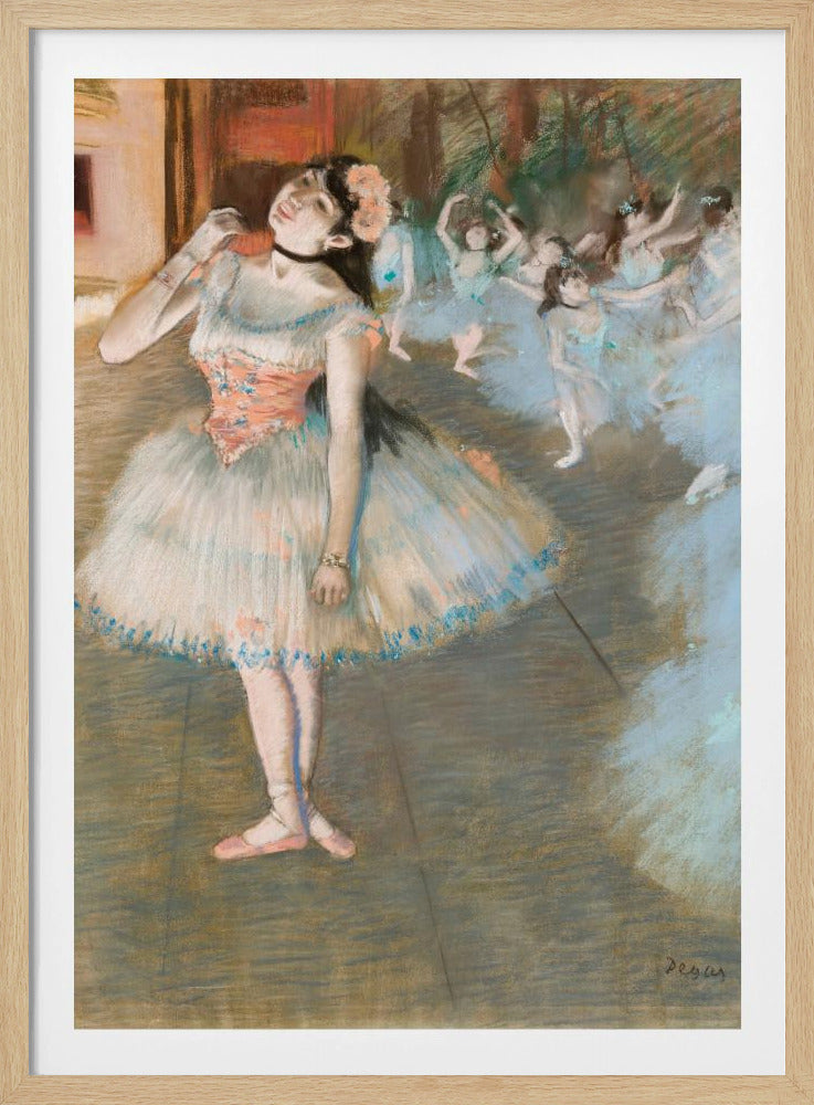An impressionist painting by Edgar Degas titled 'Dancer on Stage' (Le rideau tombe). It depicts a ballerina in the foreground in a white and pink tutu, adjusting her black choker. In the background, a group of other ballerinas in blue tutus are dancing on a stage. Wall Art