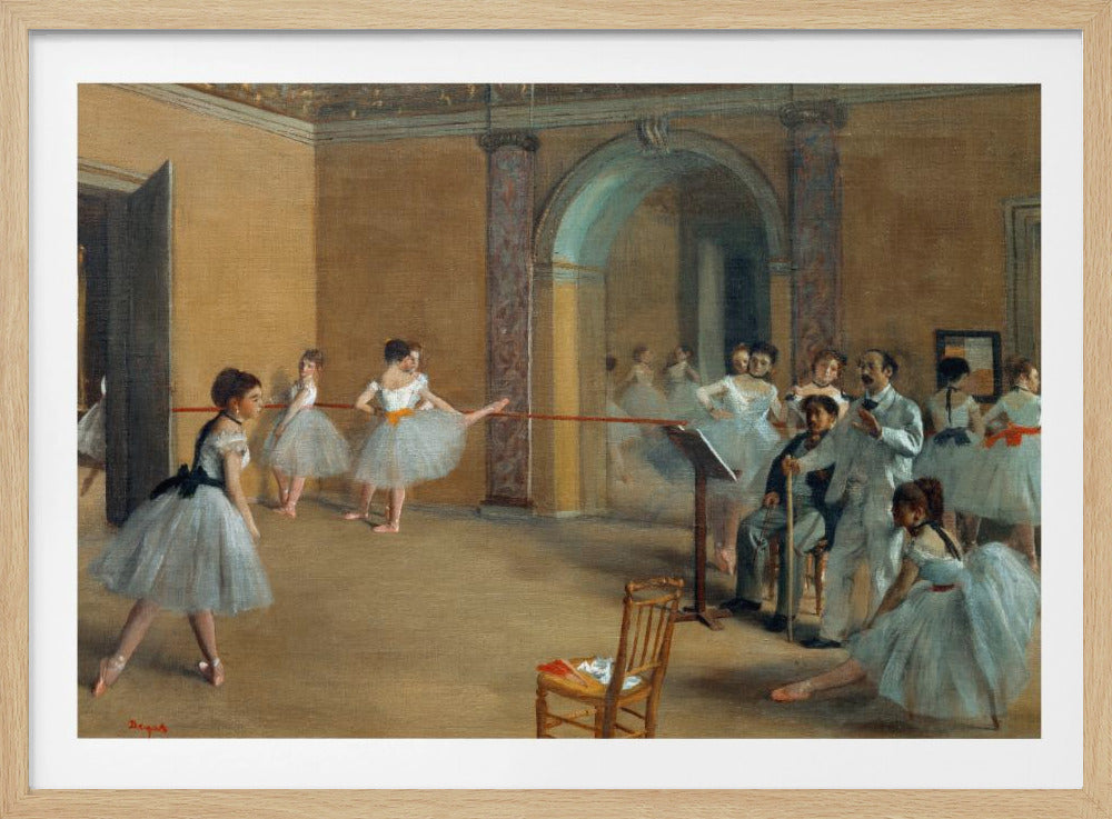A classic impressionist painting by Edgar Degas titled 'The Dance Class', depicting a ballet rehearsal in a studio with warm, earthy walls. Young ballerinas in light blue tutus practice at the barre while an instructor and other figures observe. Decor