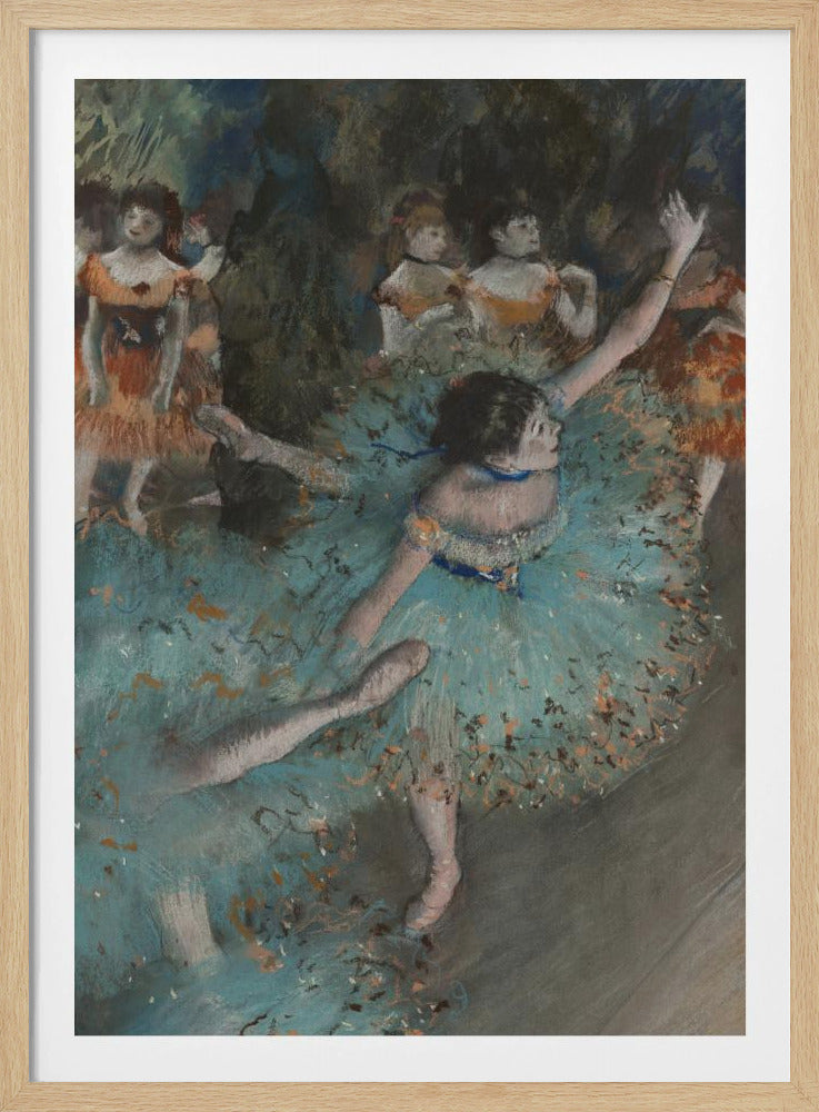 An impressionistic painting of a ballerina in a vibrant turquoise tutu dancing on a stage. She is in the foreground with her arms raised, and other dancers in orange costumes are visible in the softly lit background. Print