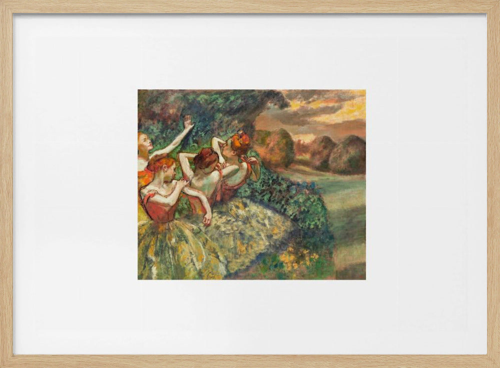 A framed print of Edgar Degas's Impressionist painting 'The Curtain Falls', featuring four ballet dancers in red bodices and green tutus. They are positioned amidst green scenery with a warm, sunset-lit landscape in the background. Artwork