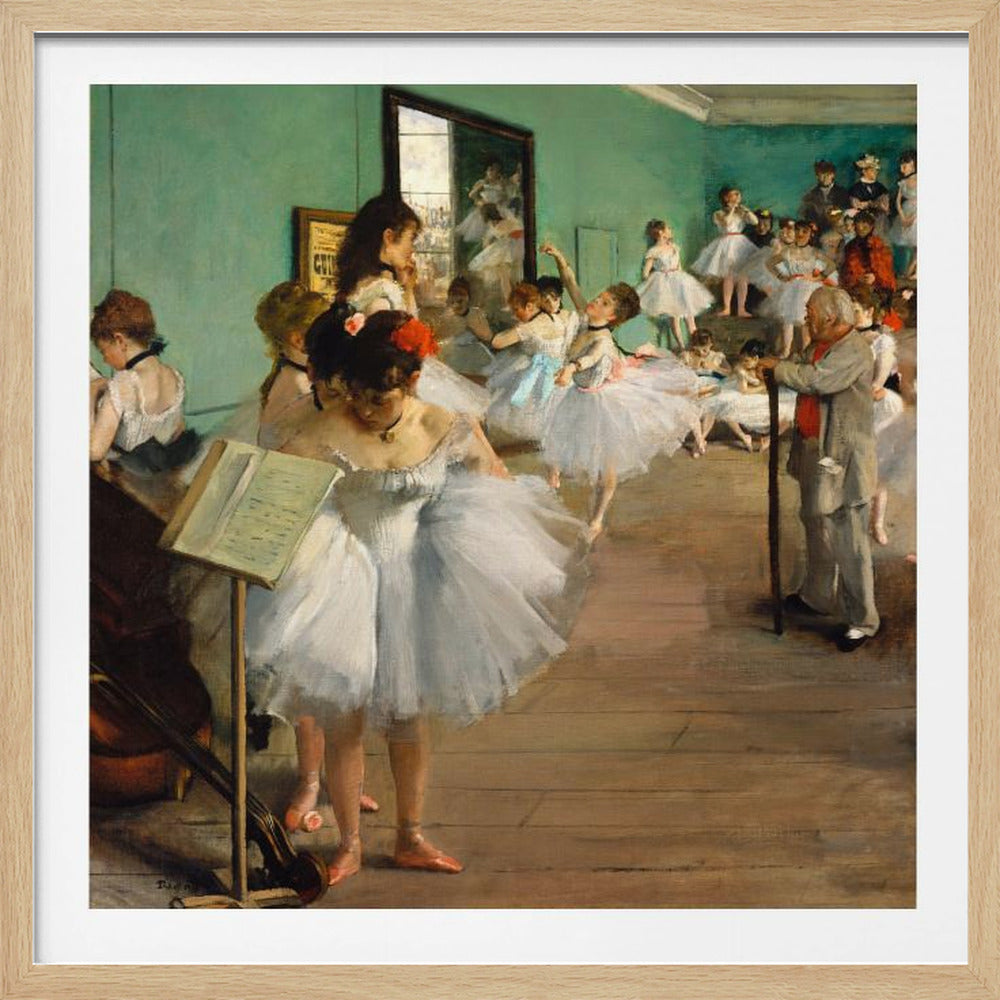 A vintage painting by Edgar Degas, 'The Dance Class,' showing a group of young ballerinas in white tutus in a rehearsal studio with green walls and a wooden floor. An older man, the ballet master, stands observing them with a long cane. Some dancers are practicing, others are resting or adjusting their attire. Poster
