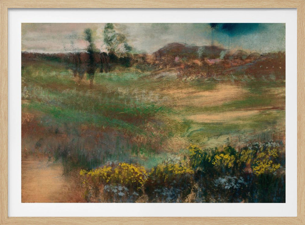 An impressionistic landscape painting in a silver frame, featuring earthy tones of green and brown across rolling hills, with vibrant yellow flowers in the foreground under a muted, stormy sky. Print