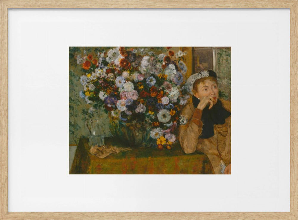 An art print featuring a woman seated beside a vase overflowing with colorful flowers, presented in a painterly style. Wall Art
