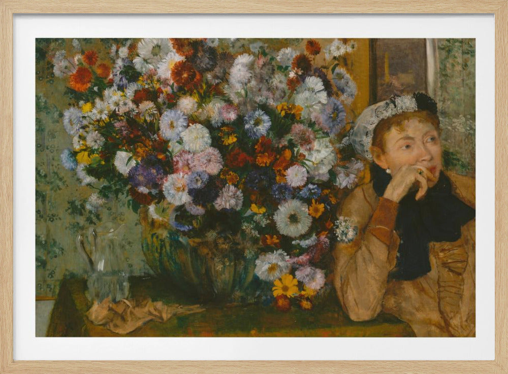 A woman seated beside a vase of flowers Artwork