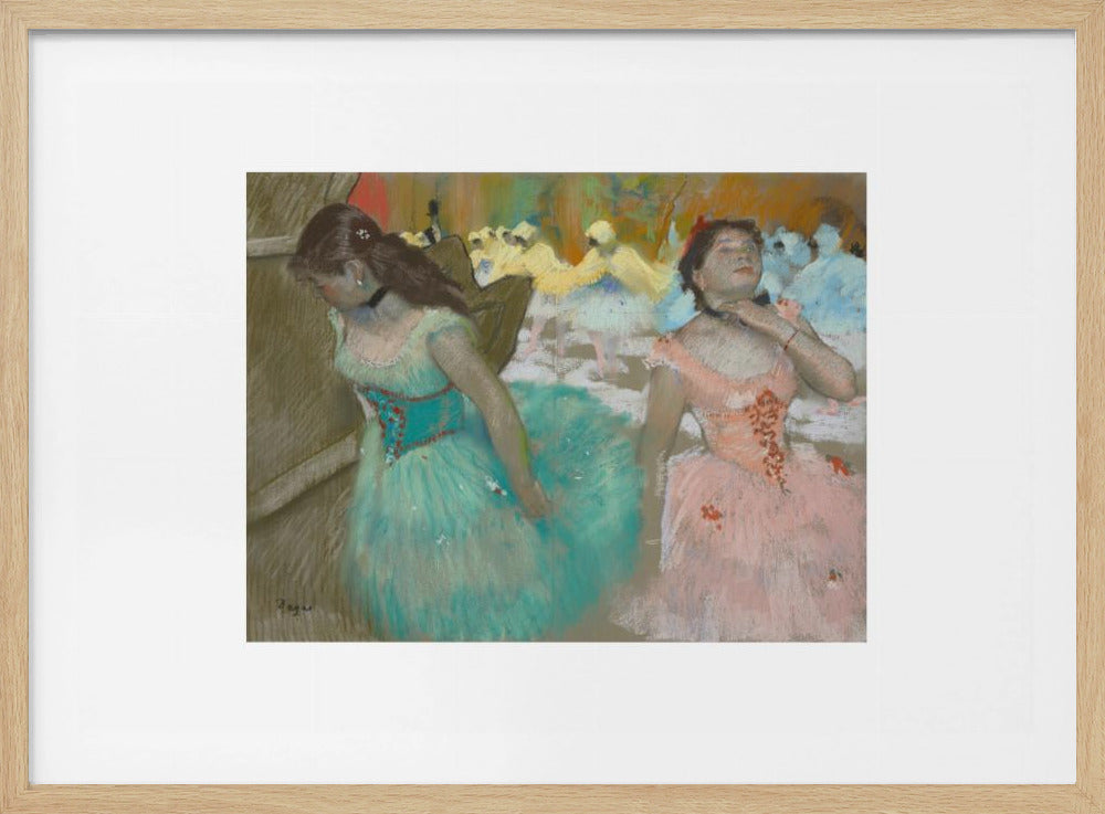 An impressionist pastel painting by Edgar Degas of two ballerinas backstage. One in the foreground wears a teal tutu and looks down, while another beside her in a pink tutu adjusts her choker. Other dancers are visible in the background under warm stage light. Poster