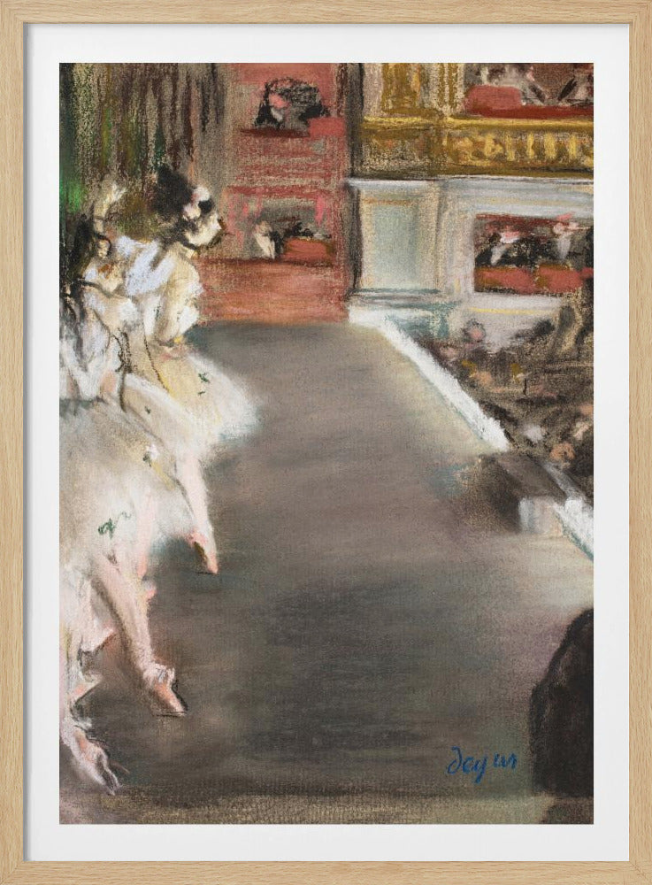 A pastel drawing by Edgar Degas depicting ballerinas from a side-stage perspective. Dancers in fluffy white tutus are grouped on the left, while the grey-brown stage extends to the right towards theater boxes filled with spectators. The style is Impressionistic with a soft, textured finish. Wall Art