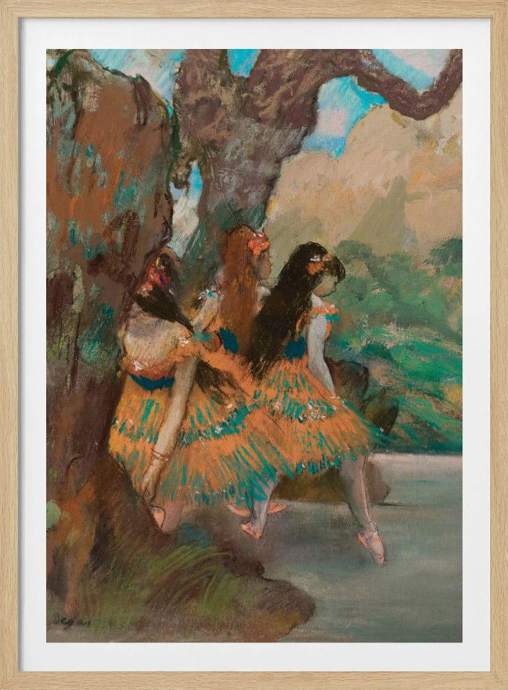 An Impressionist painting by Edgar Degas of three ballet dancers resting. They are wearing vibrant orange and teal tutus and are seated under a large, textured tree trunk with a soft-focus background of green foliage and a hint of blue sky. Wall Art
