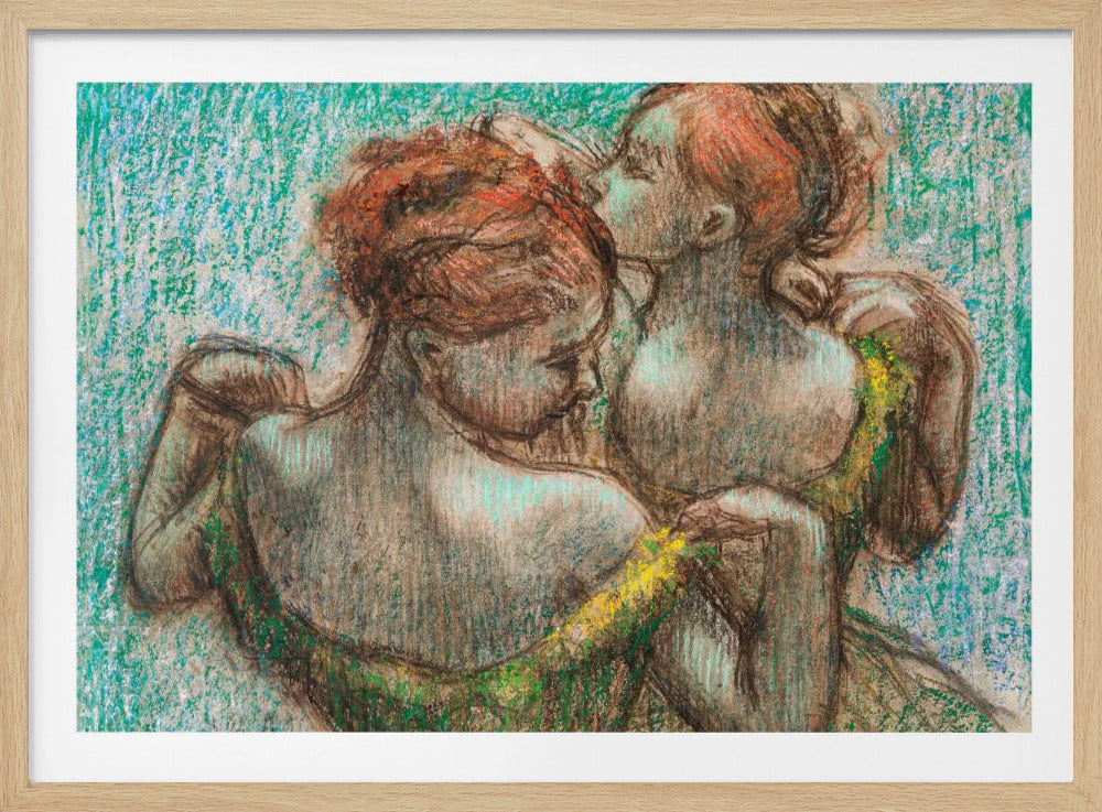 A framed pastel drawing in the Impressionist style depicting two female figures. One woman with reddish-brown hair in an updo is seen from the back, wearing a green dress. Another woman stands behind her, tenderly kissing the top of her head. The background is a textured, vibrant turquoise. Wall Art