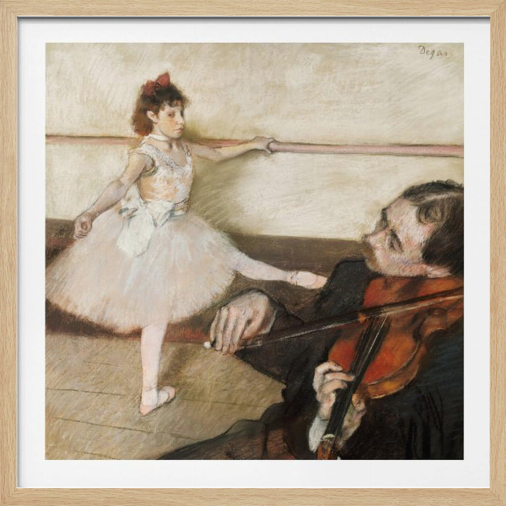 An impressionist painting by Edgar Degas of a young ballerina in a white tutu practicing at a barre while a musician in the foreground plays the violin. Poster