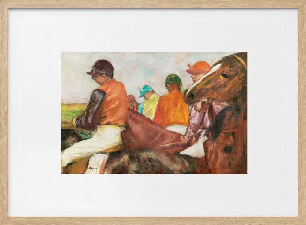 An impressionist painting by Edgar Degas depicting a group of jockeys on horseback. The jockeys wear colorful silks in orange, green, and teal. In the foreground, a brown horse's head is shown in profile, while another jockey in an orange vest is seen from the side. Wall Art