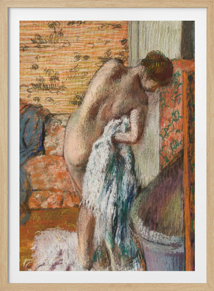 A pastel drawing in an impressionist style of a nude woman seen from the back. She is bent over, drying herself with a white and blue towel. The background is an interior with warm, patterned wallpaper in shades of orange and yellow. Print