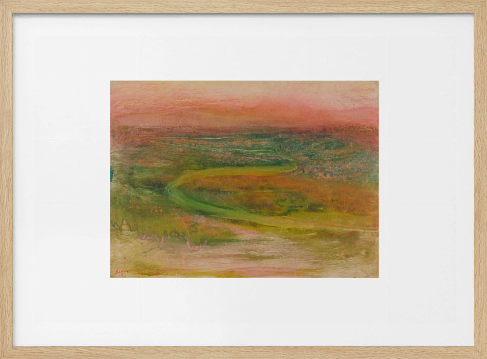 An abstract landscape painting with a soft, hazy aesthetic, featuring a pink and orange sky over a green and earthy-toned rolling terrain with a winding path. The artwork is framed in a silver frame with a wide white mat. Wall Art