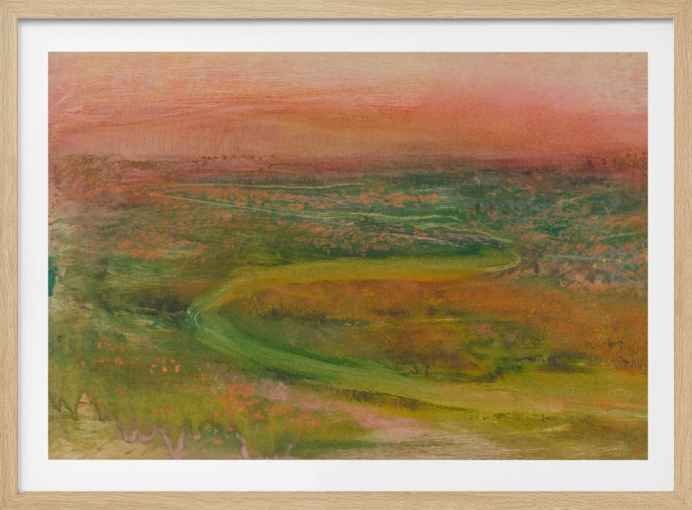 An abstract landscape painting in a silver frame. The artwork features a warm, peachy-orange sky above a rolling terrain of muted greens, yellows, and oranges. A faint, winding path meanders through the landscape, rendered in a soft, impressionistic style. Artwork