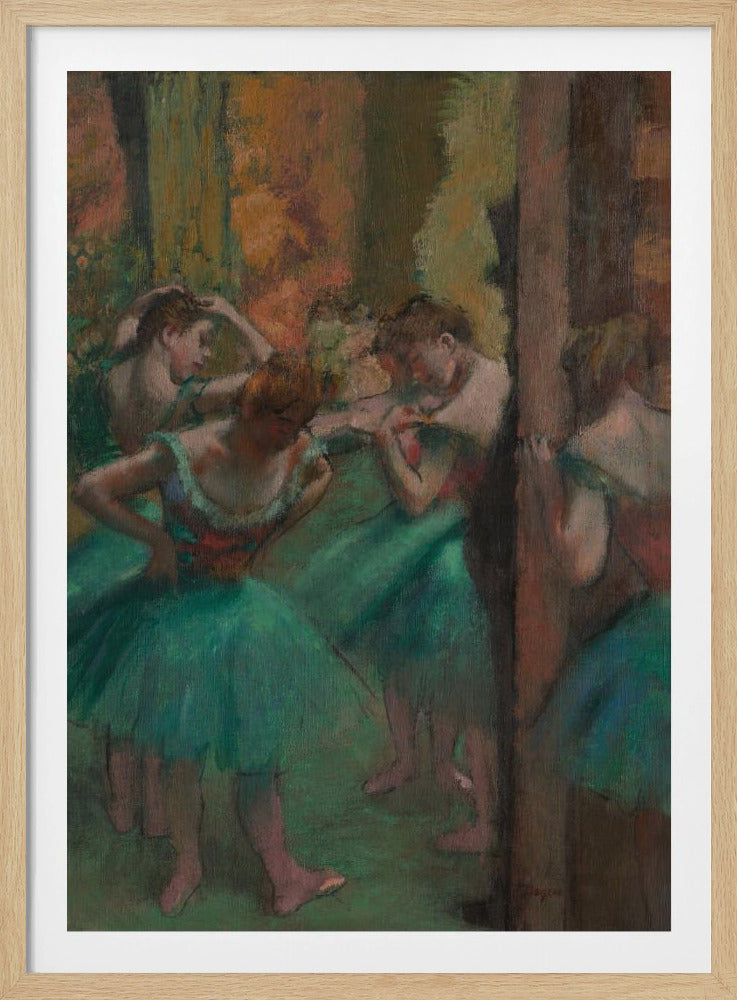 An impressionistic painting of several ballet dancers in vibrant green tutus backstage. The dancers are captured in candid moments, adjusting their costumes and hair against a warm, earthy background of brown and orange tones. Poster