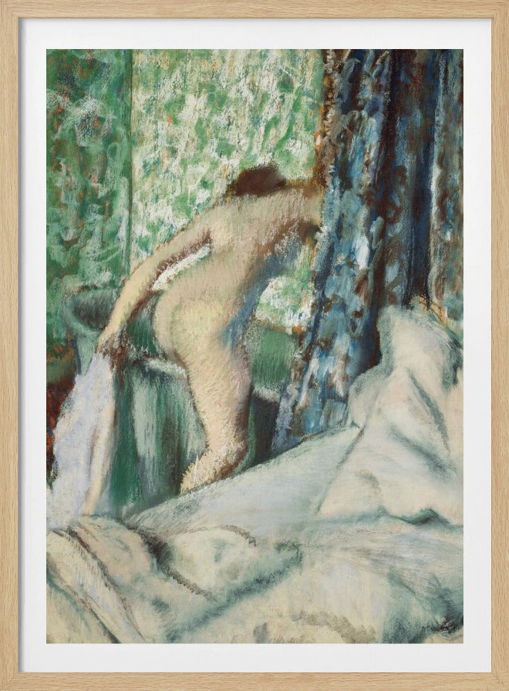 An impressionistic painting by Edgar Degas titled 'After the Bath, Woman Drying Herself'. It depicts the back of a nude woman leaning over a washbasin, with a towel in hand. The background is a vibrant green patterned wallpaper, with a blue curtain to the right and crumpled white sheets in the foreground. The style is soft and textured, characteristic of pastel work. Print