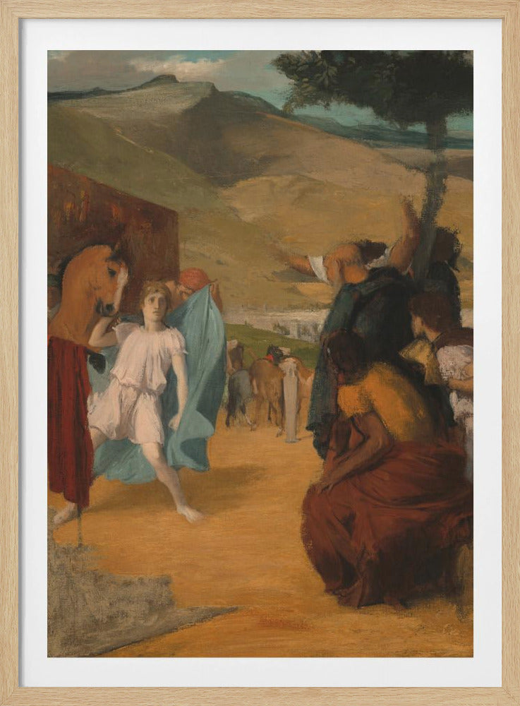 A vintage painting depicting a historical scene in an arid, hilly landscape. In the foreground, a young person in a white tunic and blue robe stands next to a horse, while a group of people in classical attire gesture towards the background. Print