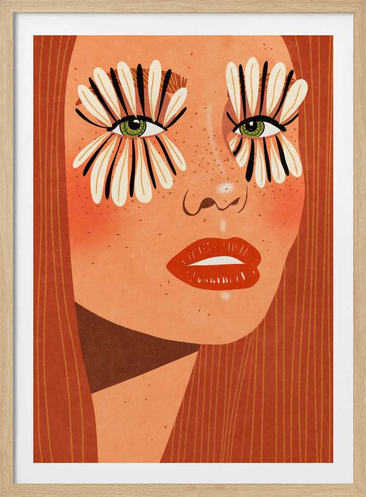 A stylized close-up illustration of a woman's face with long red hair, freckles, and green eyes. Her makeup is a bold, graphic design of black and white flower petals radiating around her eyes, and she has bright red lips. Decor