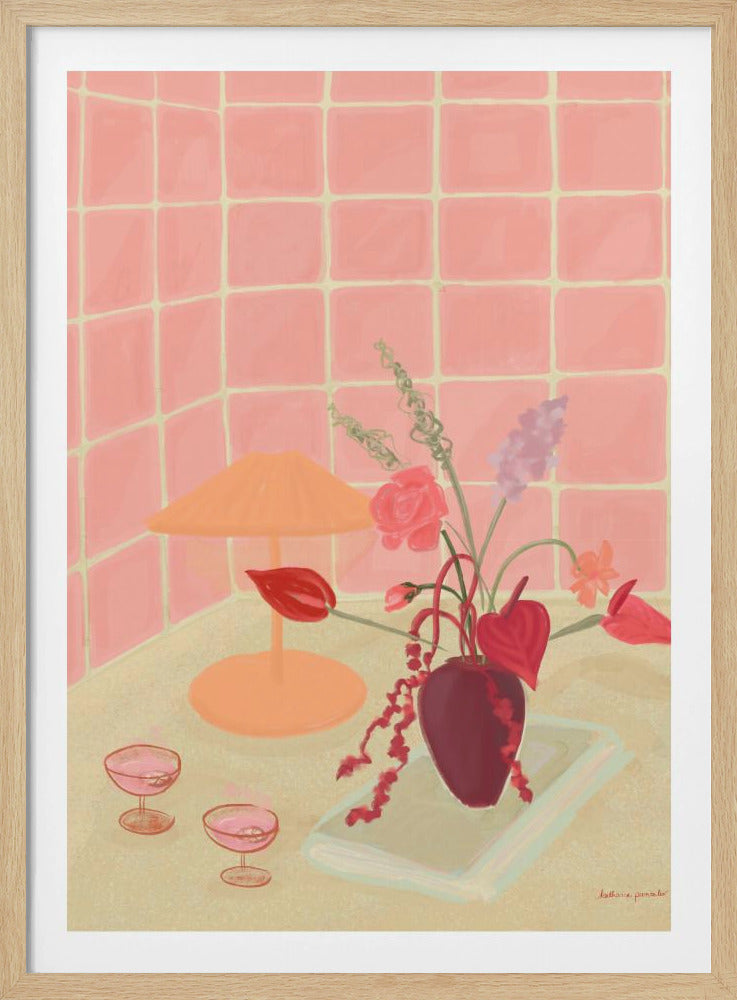 A painterly still life illustration of a countertop against a pink tiled wall, featuring a burgundy vase with an arrangement of red and pink flowers, an orange lamp, and two coupe glasses filled with a pink beverage. Poster