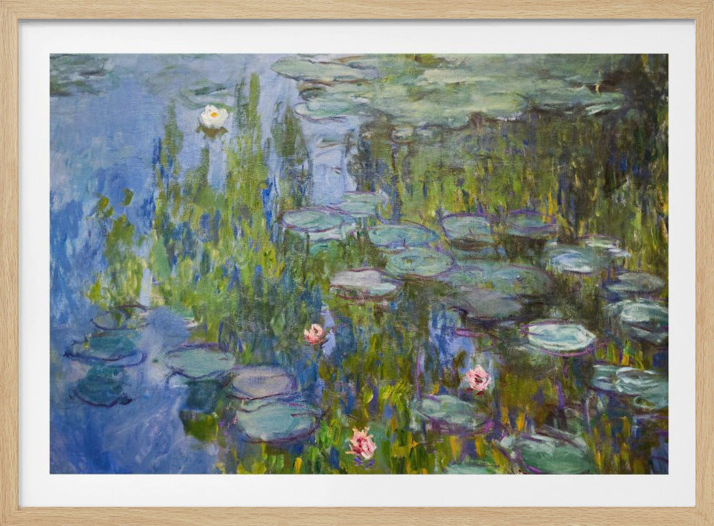An Impressionist painting of a water lily pond, with vibrant blue water reflecting lush green foliage. Numerous green lily pads float on the surface, and several white and pink water lilies are in bloom. The artwork, which has visible brushstrokes, is presented in a simple silver frame. Print