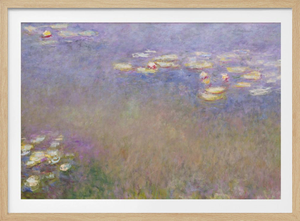 An impressionist painting by Claude Monet depicting water lilies floating on a pond, rendered in soft, blended strokes of purple, blue, green, and yellow. The artwork is displayed in a simple, silver-colored frame. Artwork