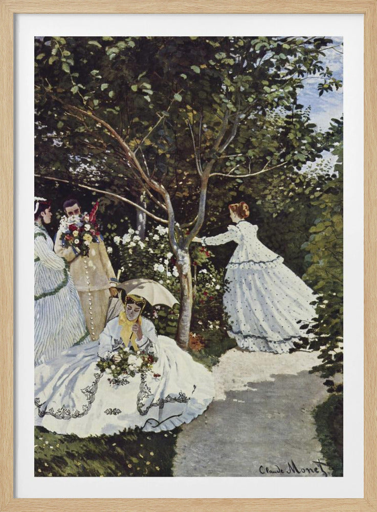 A vertical Impressionist painting by Claude Monet titled 'Women in the Garden,' depicting four figures in a lush, sun-dappled garden. In the foreground, a woman in a voluminous white dress with black embroidery sits on the grass holding flowers and a parasol. To the left, a man holds a large bouquet, partially obscuring his face, next to a woman in a striped dress. In the background, another woman in a white, polka-dotted dress reaches for a branch of a tree surrounded by white and red blossoms. Decor