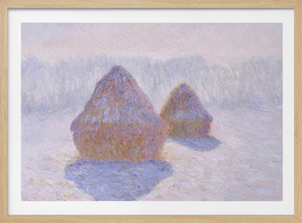 An impressionist painting by Claude Monet titled 'Haystacks,' showing two large, conical haystacks in a snowy field. The scene is bathed in a soft, hazy light, with pinks and oranges on the sunlit side of the haystacks and long, purple shadows cast across the lavender and white snow. The artwork is presented in a simple silver frame. Wall Art