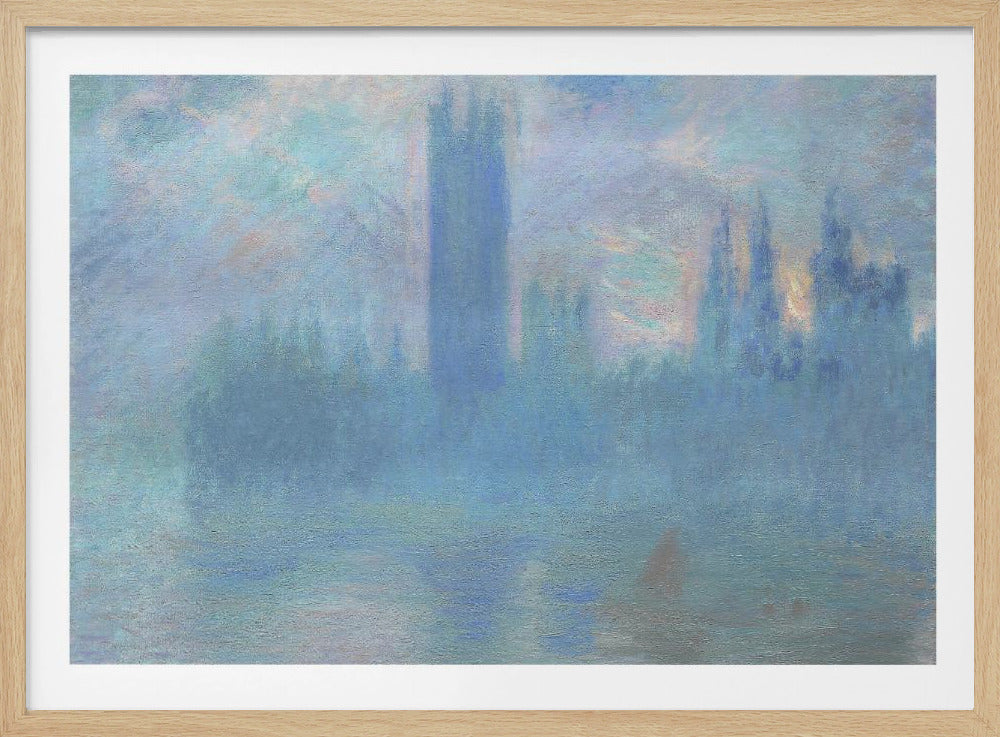 An impressionistic painting of the Houses of Parliament in London, shrouded in a dense blue and purple fog. The iconic Victoria Tower stands tall in the center, with the rest of the building's silhouette barely visible against a hazy sky with hints of sunrise. The scene is presented in a silver frame. Print