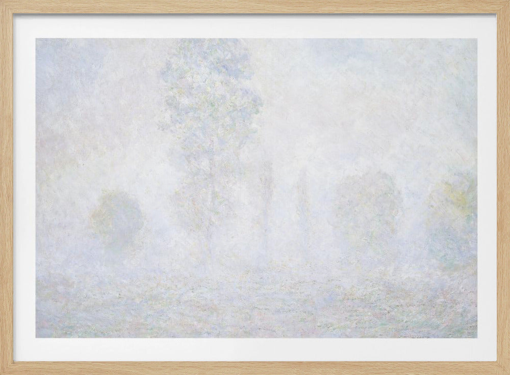 An impressionist painting of a foggy or frosty landscape, rendered in pale, hazy shades of white, gray, and light blue, with faint outlines of trees. The artwork is presented in a simple silver frame. Artwork