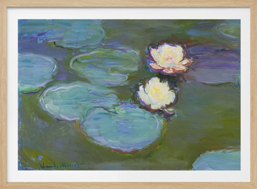 An Impressionist painting by Claude Monet of two white water lilies floating on a pond among large, blue-green lily pads, captured with thick, visible brushstrokes and framed in a silver frame. Print