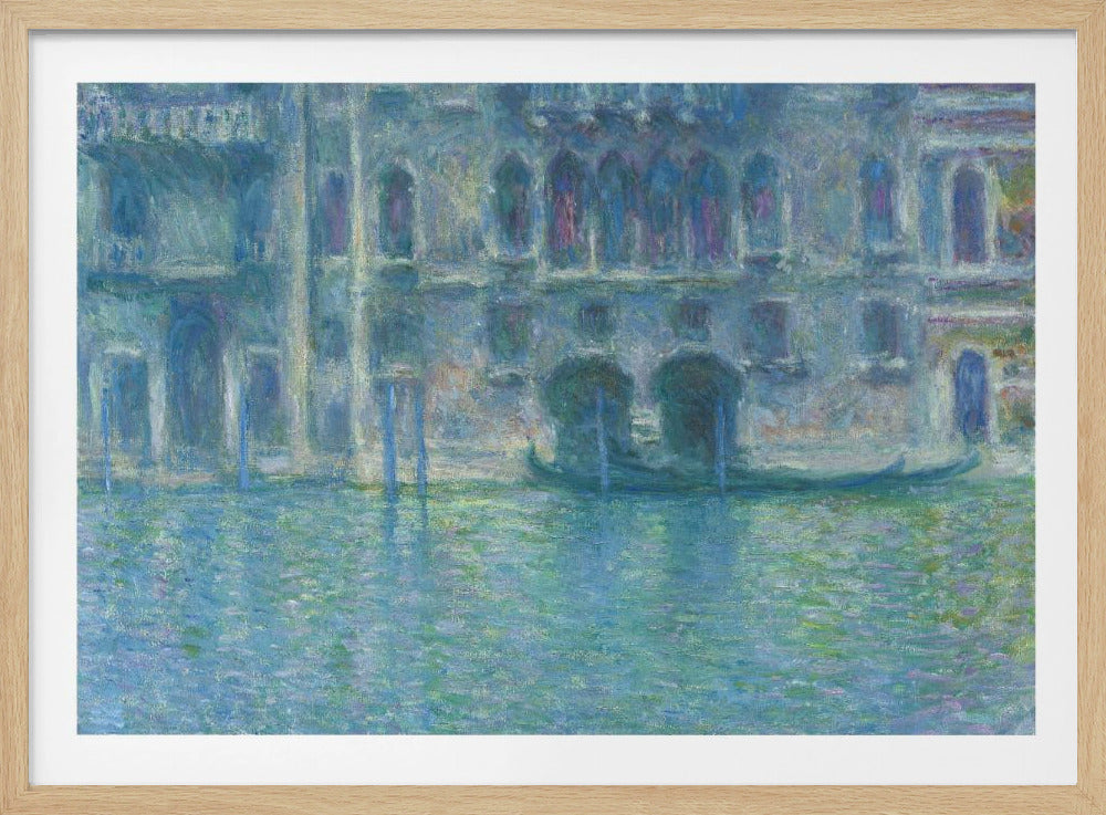 An Impressionist painting by Claude Monet titled 'The Palazzo Contarini,' depicting a grand Venetian building from across a canal. The artwork is characterized by hazy, blended brushstrokes in a cool palette of blues, greens, and purples, creating a misty and atmospheric effect on the water and architecture. A single gondola is moored near the building's entrance. The painting is displayed within a silver frame. Decor