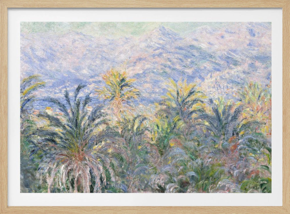 Impressionist painting 'View of Bordighera' by Claude Monet, featuring a lush foreground of green and yellow palm trees overlooking a hazy, sun-drenched coastal town and distant blue mountains, all rendered with soft, dappled brushstrokes and set within a silver frame. Artwork